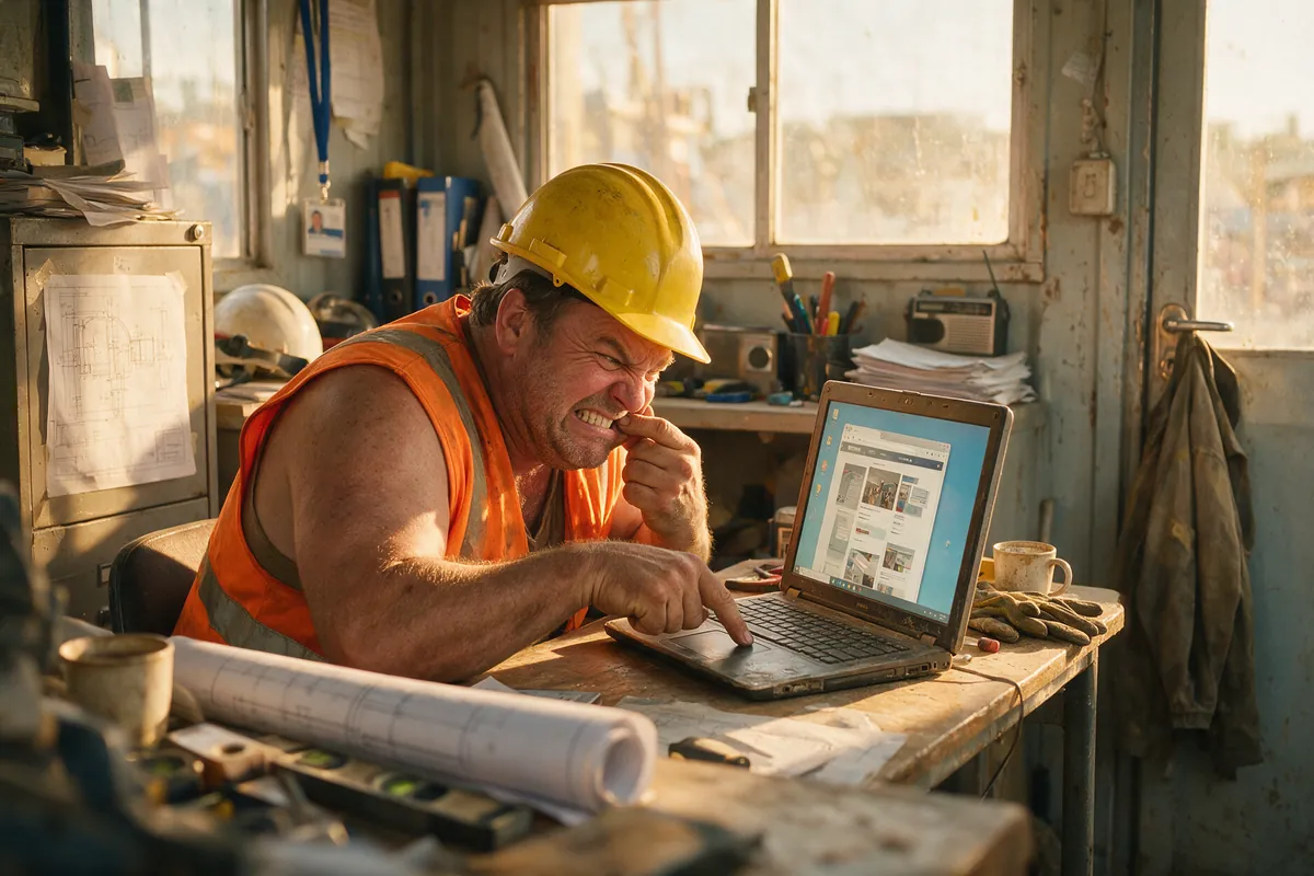Handwerker im Baucontainer verzweifelt am Website-Baukasten