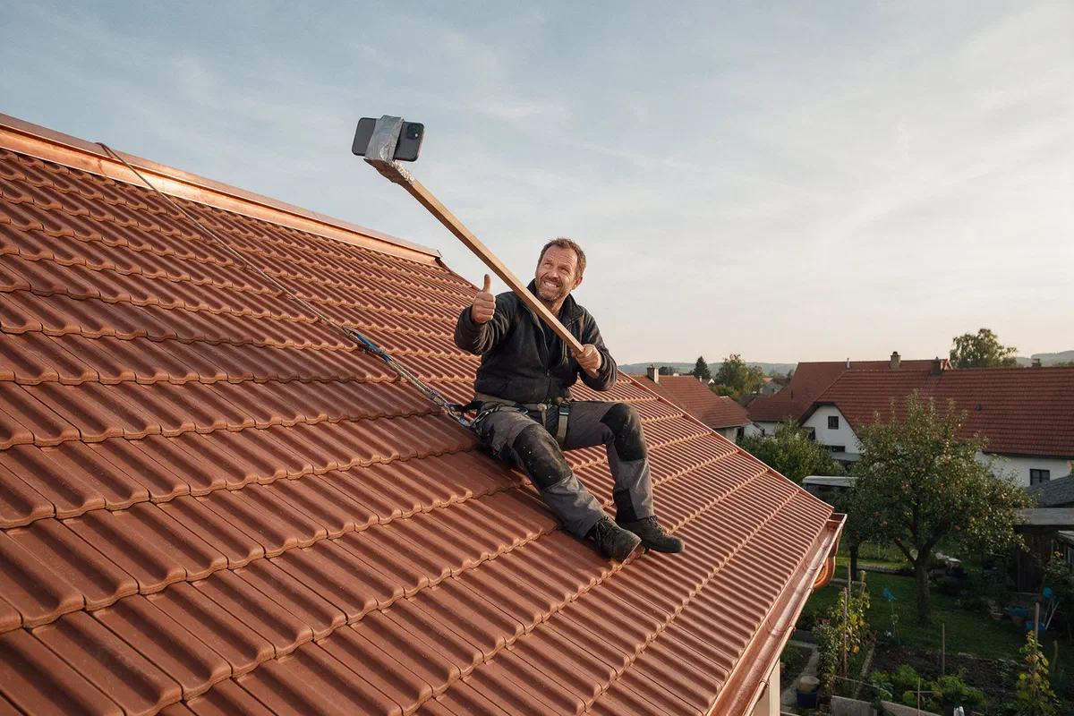 Dachdecker sitzt gesichert am Dach und macht ein Selfie, das Handy mit Klebeband an eine Dachlatte geklebt