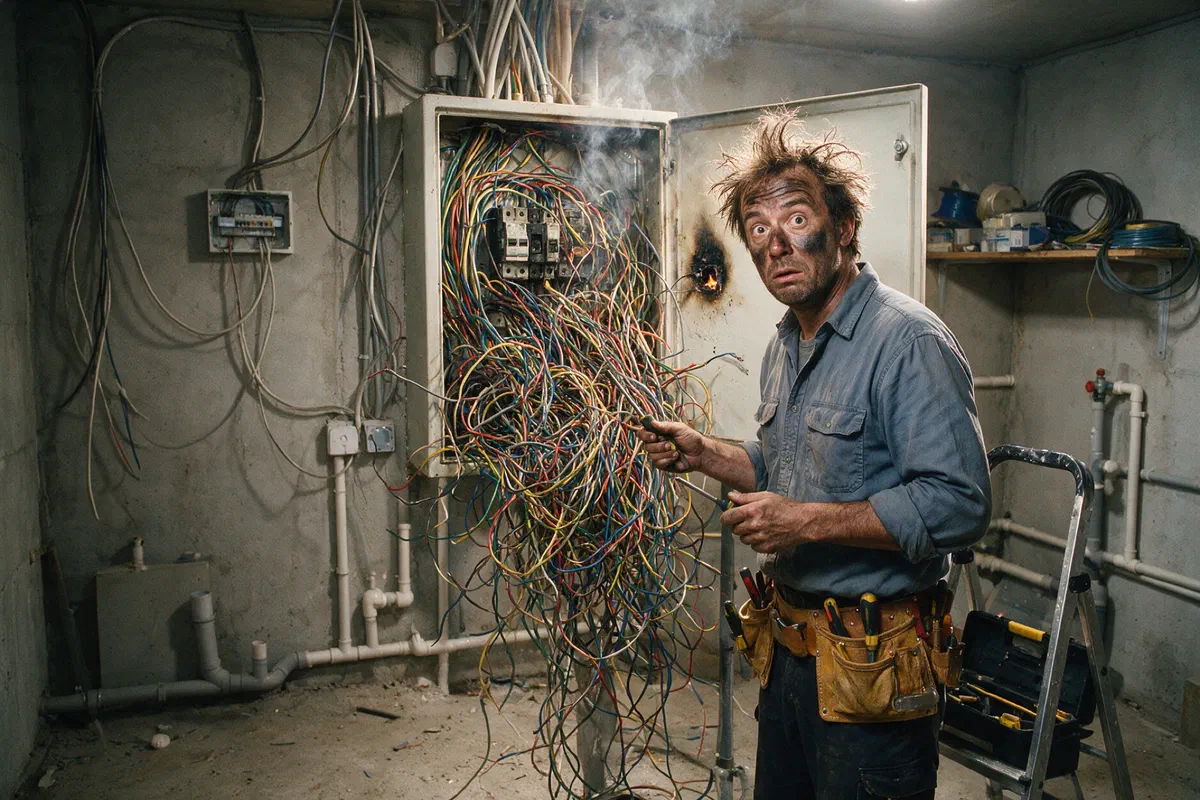 Elektriker steht vor einem Sicherungskasten, der in ein Kabelchaos explodiert ist