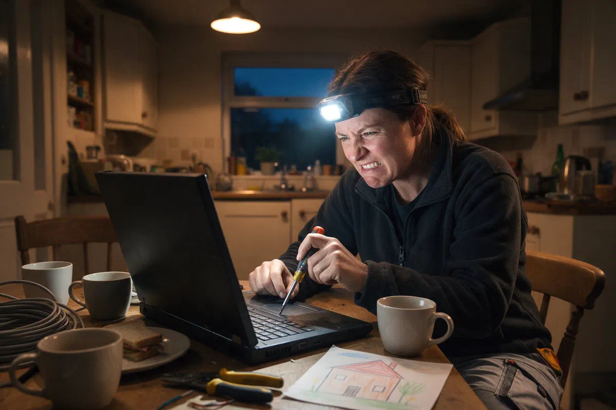 Elektrikerin sitzt spätabends mit Stirnlampe am Küchentisch und tippt mit dem Schraubenzieher auf den Laptop