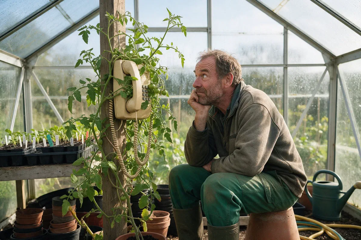 Gärtner wartet im Glashaus neben einem alten Wandtelefon, das eine Tomatenpflanze längst überwachsen hat