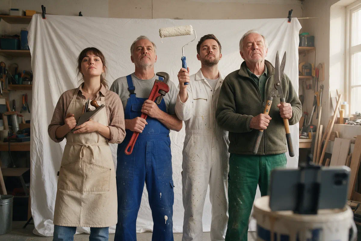 Tischlerin, Installateur, Maler und Gärtner stehen steif mit ihrem Werkzeug vor einem Leintuch in der Werkstatt und machen ein Teamfoto mit Selbstauslöser
