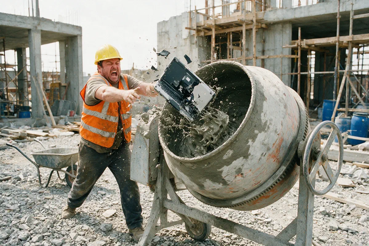 Bauarbeiter mit gelbem Helm wirft schreiend einen Laptop in den laufenden Betonmischer, Beton und Splitter fliegen