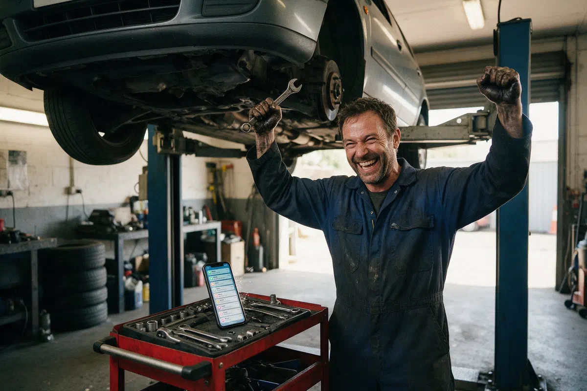 KFZ-Mechaniker unter der Hebebühne jubelt, auf dem Werkzeugwagen zeigt sein Handy lauter neue Anfragen