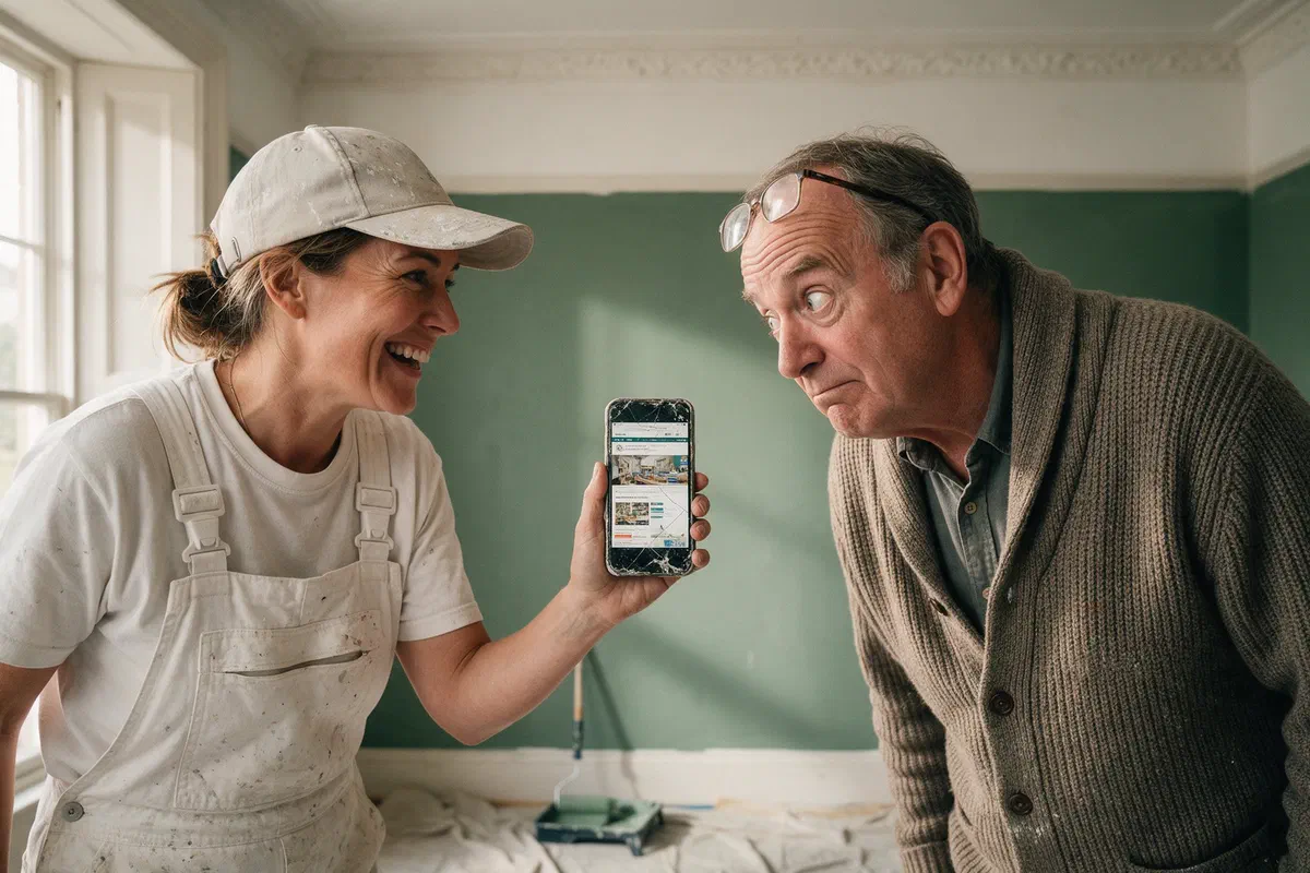 Malerin zeigt dem Kunden im frisch gestrichenen Zimmer lachend ihre alte Website auf einem zersprungenen Handy, der Kunde schaut entsetzt