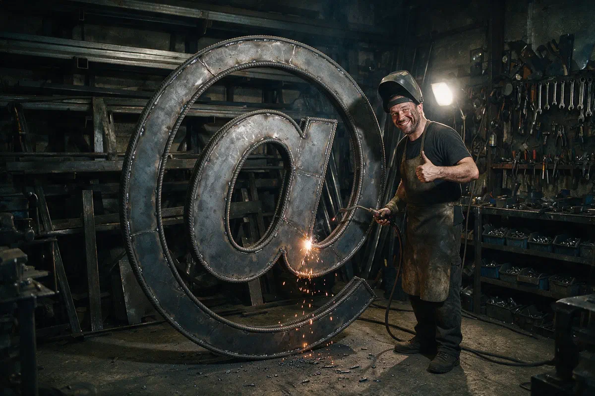 Metallbauer mit hochgeklapptem Schweißhelm zeigt Daumen hoch neben einem mannshohen @-Zeichen aus Stahl, an dem noch Funken sprühen