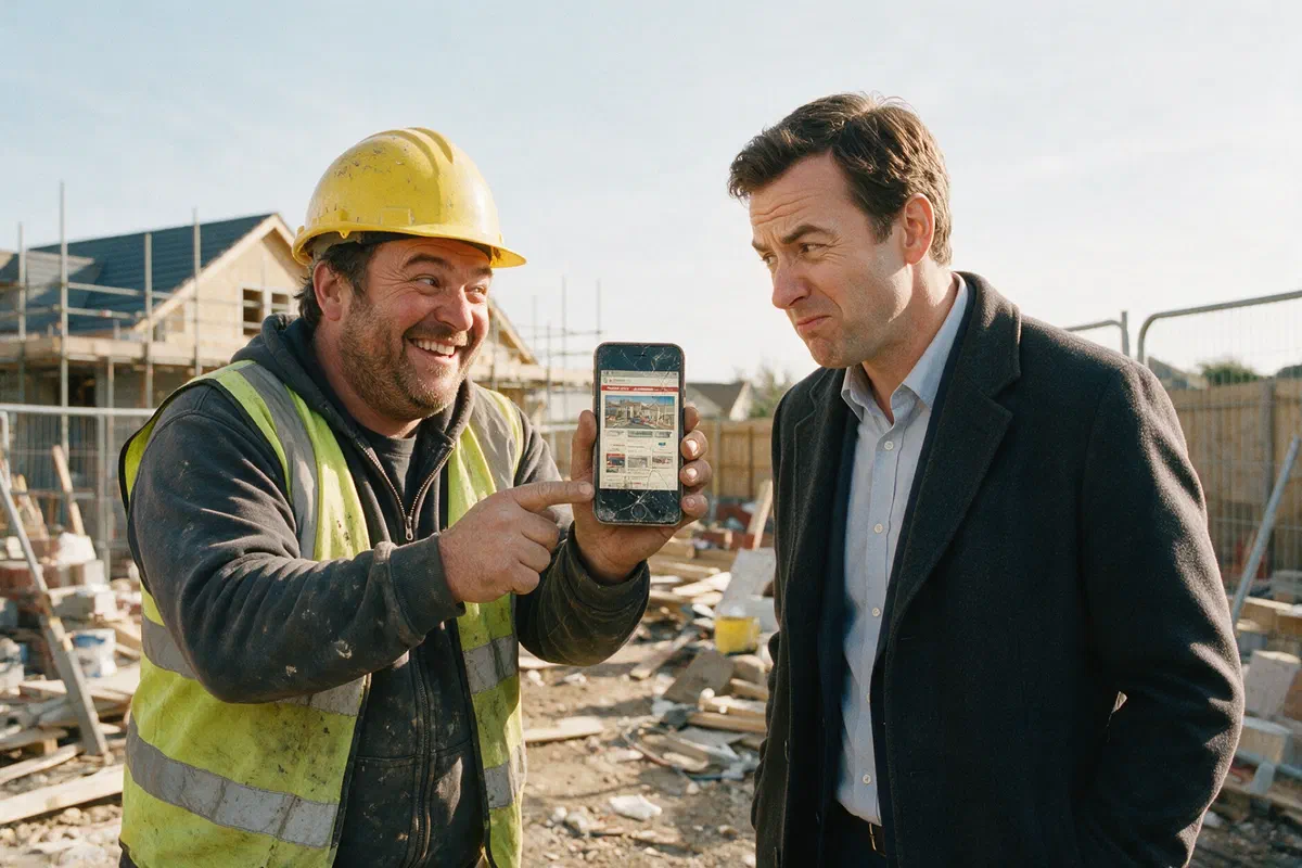 Handwerker zeigt einem Kunden grinsend seine alte Website auf einem zersprungenen Handy, der Kunde verzieht das Gesicht