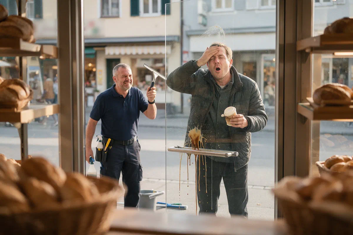 Kunde läuft mit dem Kaffeebecher gegen eine frisch geputzte Glastür, der Glasreiniger daneben zuckt zusammen