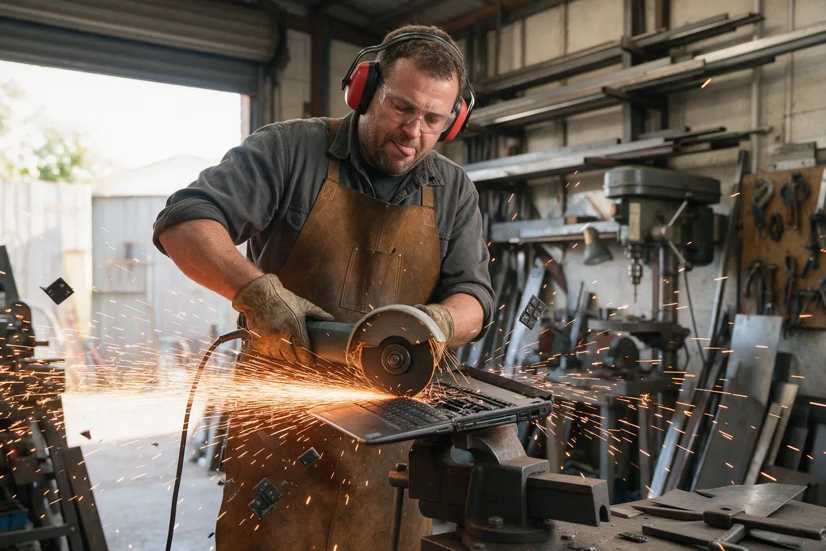 Metaller zerteilt in seiner Werkstatt einen Laptop im Schraubstock mit dem Winkelschleifer, Funken fliegen