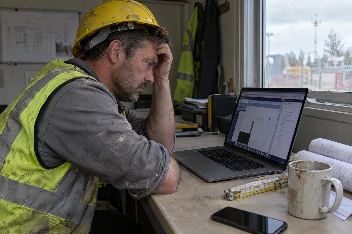 Handwerker sitzt ratlos vor dem Laptop im Baucontainer, Kopf in der Hand