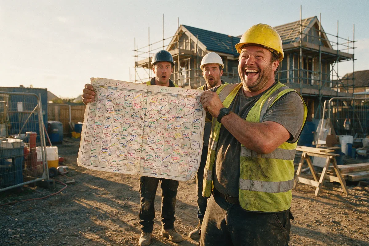 Drei Bauarbeiter vor dem Rohbau, einer hält lachend einen vollgekritzelten Wandkalender hoch
