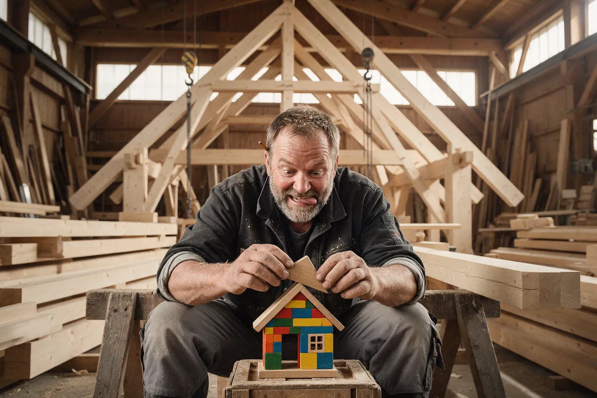 Zimmermeister setzt mit großen Händen ein Dach auf ein buntes Holzklotz-Haus, hinter ihm ein echter Dachstuhl
